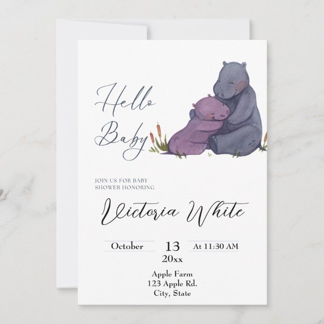 Invitación a Baby Shower Hippo  (Anverso)