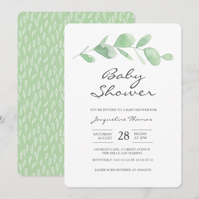 Invitación a Baby Shower| Hojas de eucalipto (Anverso / Reverso)