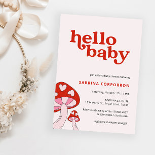 Invitación a Baby Shower hongo   Rojo y rosa