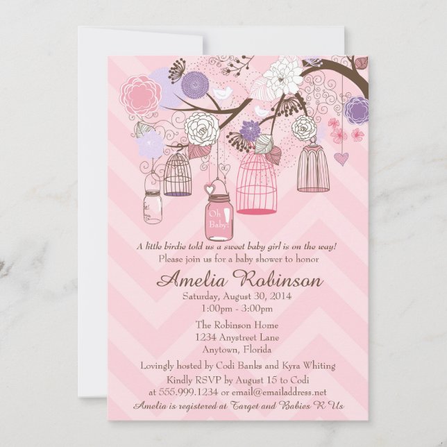 Invitación a Baby Shower - Jares y jaulas rosadas  (Anverso)