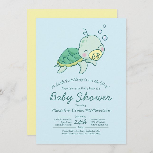 Invitación a Baby Shower Kawaii de Cute Sea Turtle (Anverso / Reverso)