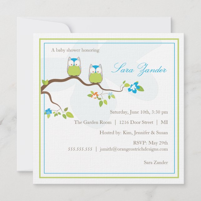 Invitación a Baby Shower - Lechuzas gemelas azules (Anverso)