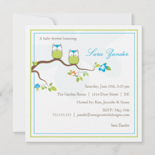 Invitación a Baby Shower - Lechuzas gemelas azules