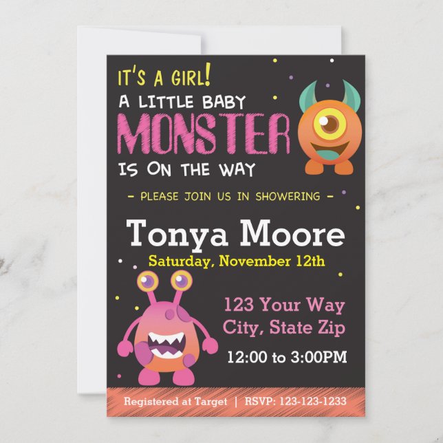 Invitación a Baby Shower Little Monster Rosa (Anverso)