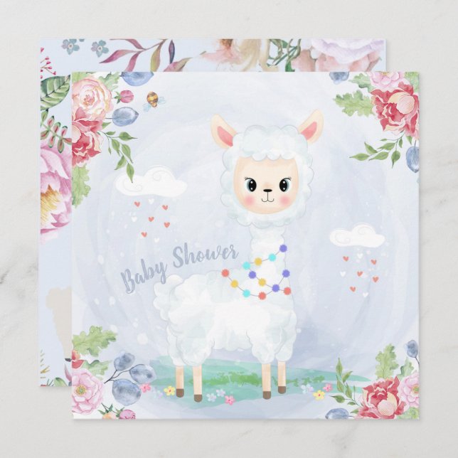 Invitación a Baby Shower Llama/Alpaca (Anverso / Reverso)