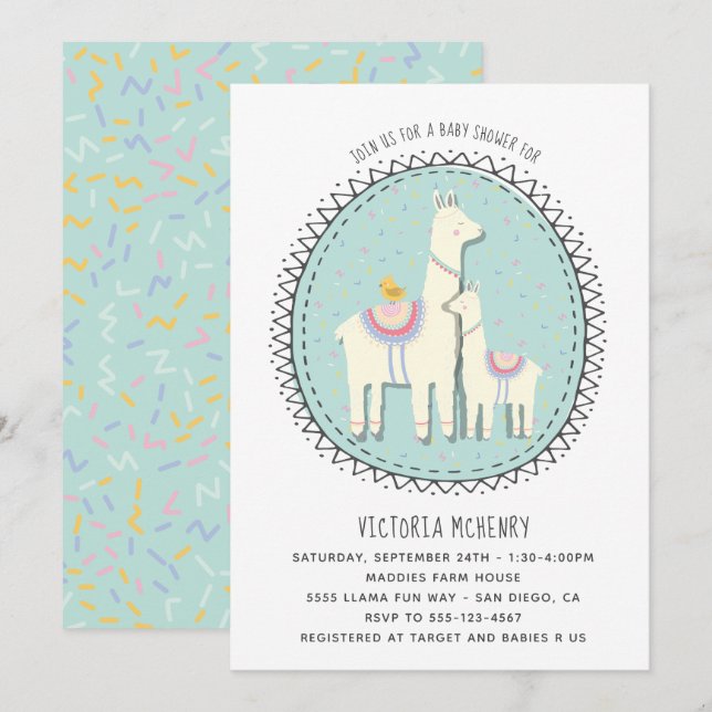 Invitación a Baby Shower Llama dibujada por la man (Anverso / Reverso)