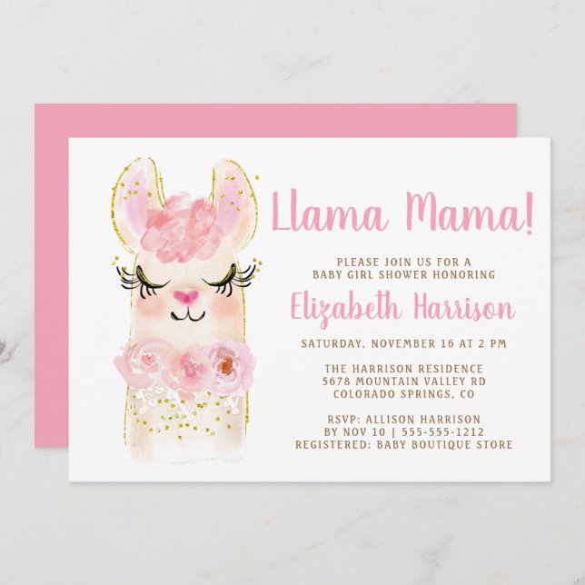 Invitación a Baby Shower Llama Mama Pink (Anverso / Reverso)