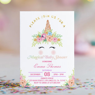 Invitación a Baby Shower mágica de unicornio flora