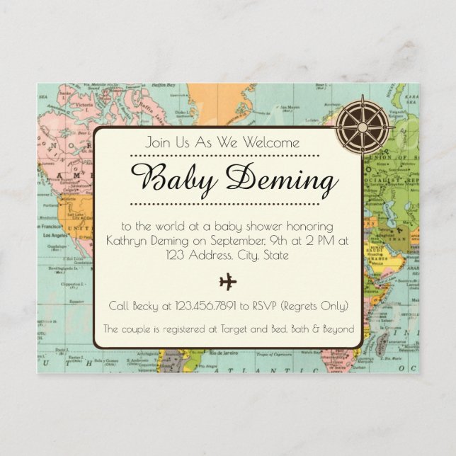 Invitación a Baby Shower - Mapa mundial multicolor (Anverso)