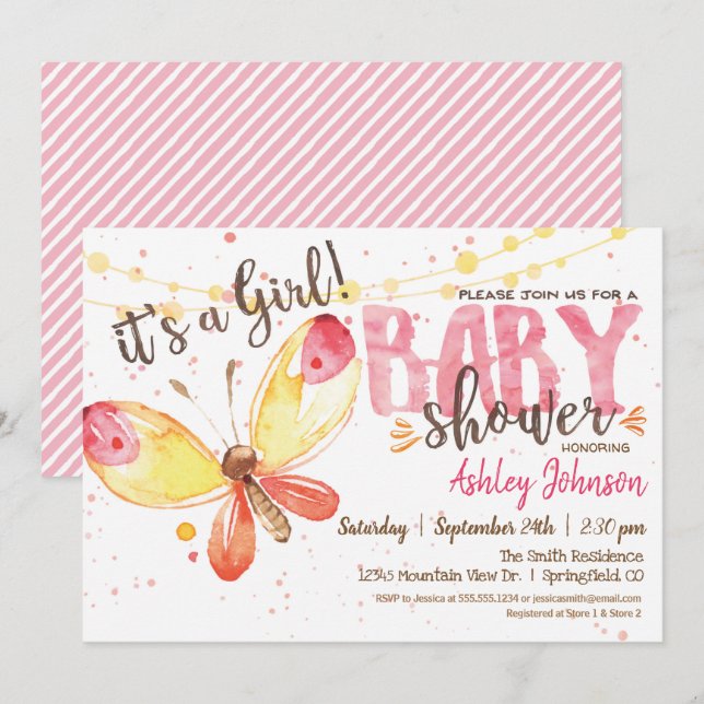 Invitación a Baby Shower mariposa, es un chica (Anverso / Reverso)