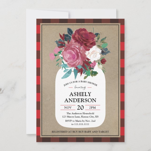 Invitación a Baby Shower Mason Jar de Plaid Countr (Anverso)