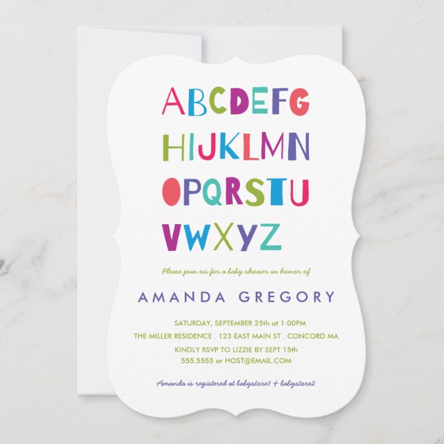 Invitación a Baby Shower moderna de Sweet ABC (Anverso)