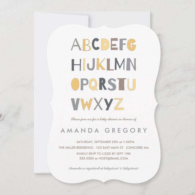 Invitación a Baby Shower moderna de Sweet ABC (Anverso)