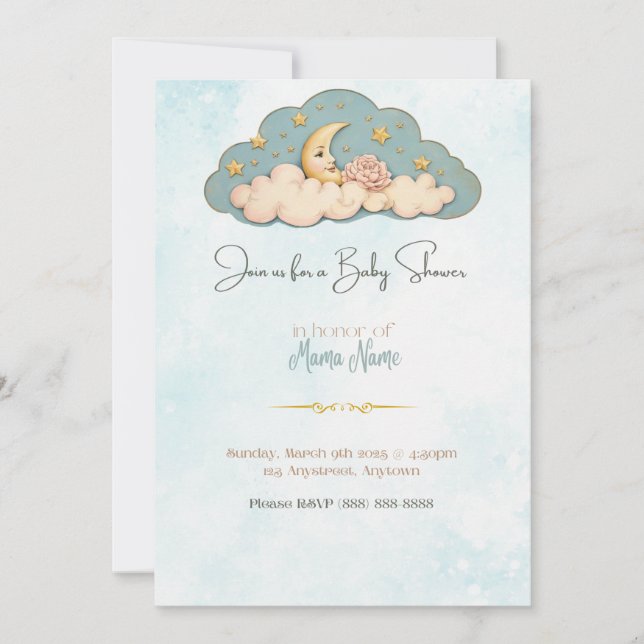 Invitación a Baby Shower Moon & Stars (Anverso)