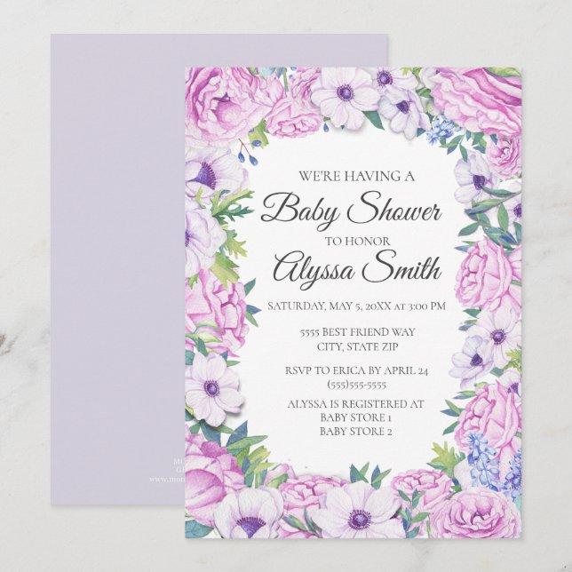 Invitación a Baby Shower morada floral de Lilac (Anverso / Reverso)