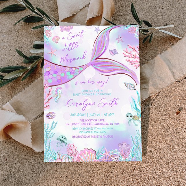 Invitación a Baby Shower morada rosada a la sirena (Subido por el creador)