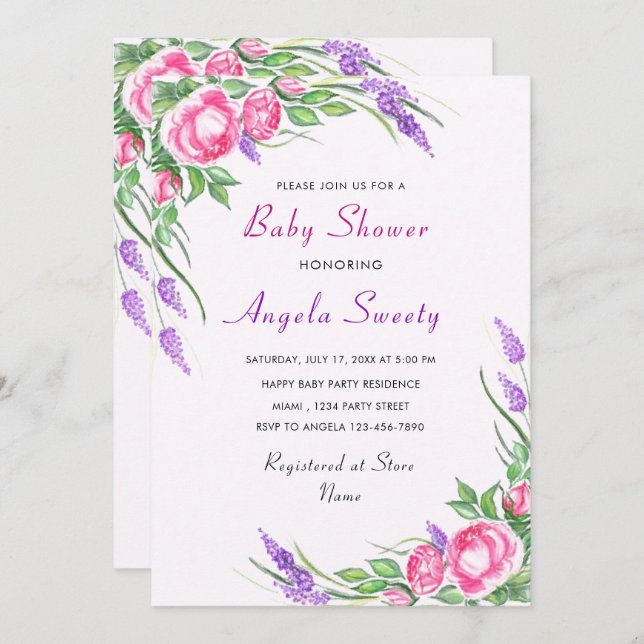 Invitación a Baby Shower morado con flores rosadas (Anverso / Reverso)