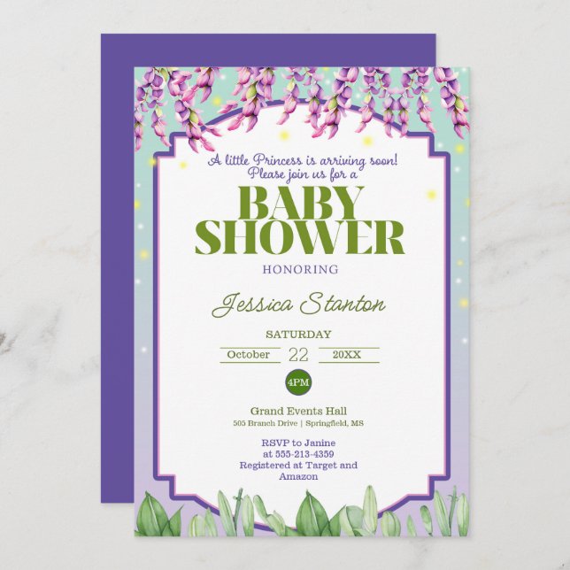 Invitación a Baby Shower morado verde y rosa (Anverso / Reverso)