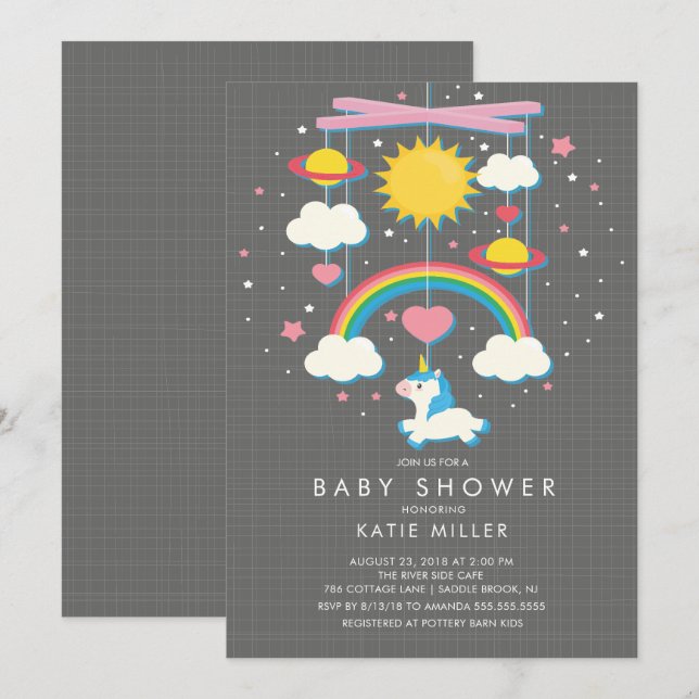 Invitación a Baby Shower móvil de Cute Unicorn (Anverso / Reverso)
