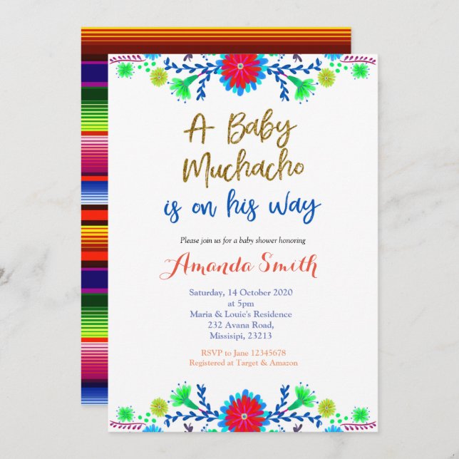 Invitación a Baby Shower Muchacho MEXICAN Fiesta (Anverso / Reverso)