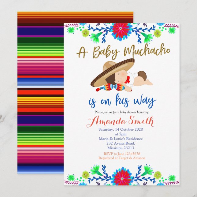 Invitación a Baby Shower Muchacho MEXICAN Fiesta (Anverso / Reverso)