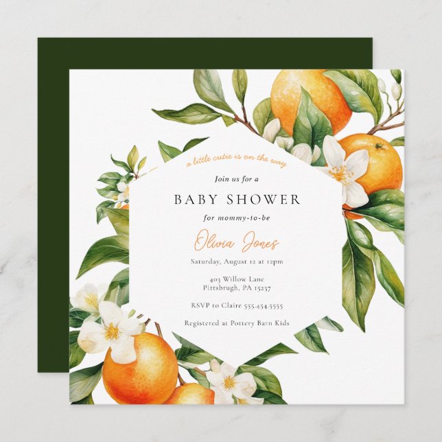 Invitación a Baby Shower naranja Little Cutie (Anverso / Reverso)