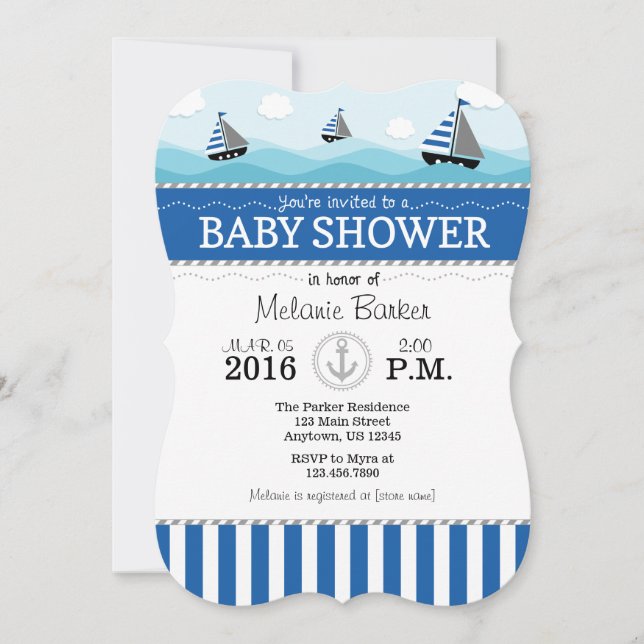 Invitación a Baby Shower Náutica Azul (Anverso)