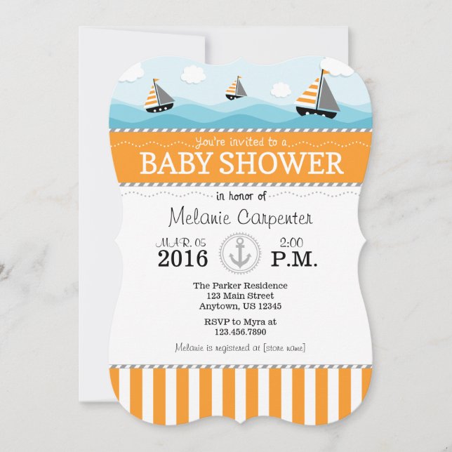 Invitación a Baby Shower Náutica Azul Naranja (Anverso)