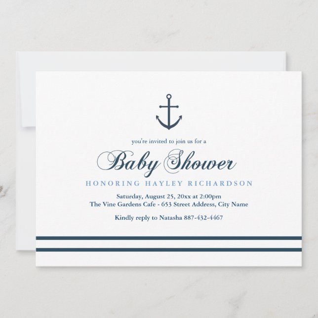Invitación a Baby Shower náutica azul y blanca (Anverso)