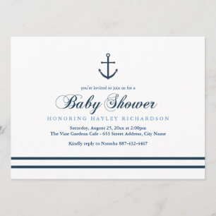 Invitación a Baby Shower náutica azul y blanca