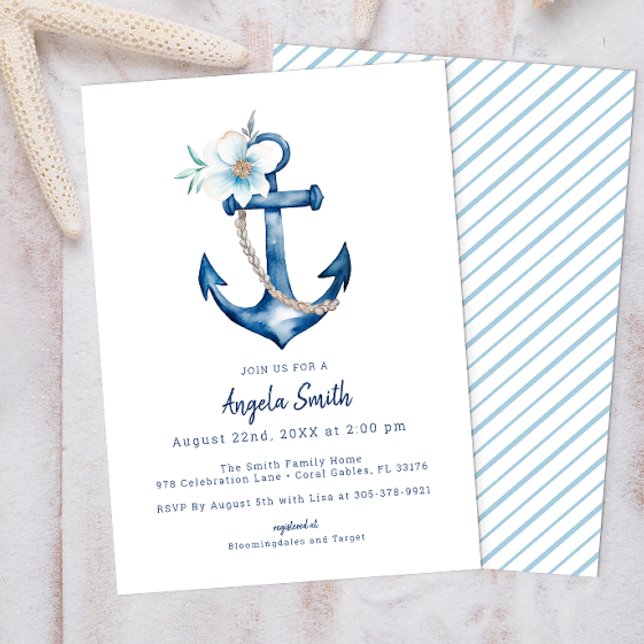 Invitación a Baby Shower Náutica Costera | Anc azu (Blue Nautical Floral Anchor Baby Shower Invitation )