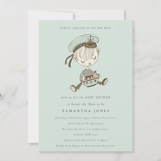 Invitación a Baby Shower Náutica de Aqua Boy Littl (Anverso)