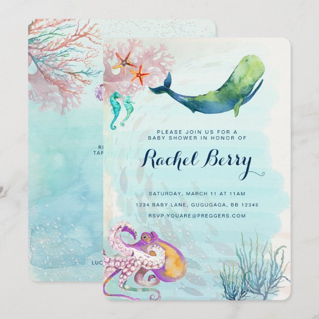 Invitación a Baby Shower Náutica de ballena (Anverso / Reverso)
