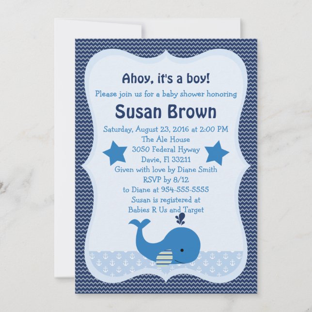 Invitación a Baby Shower Náutica de ballena pura (Anverso)
