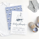 Invitación a Baby Shower náutica de barcos de la M<br><div class="desc">Crea tus propias invitaciones de ducha Náutica Nautical Baby de la Marina Vintage personalizado usando estas plantillas de Cali Graphics. Este diseño presenta un dibujo de un barco con una elegante caligrafía de una ducha de bebé y una tipografía moderna. Al revés hay un patrón de barcos que coinciden con...</div>