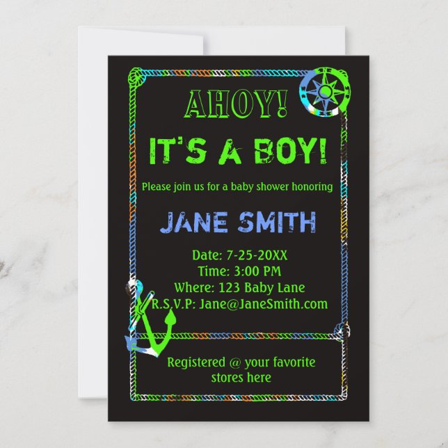 Invitación a Baby Shower náutica de Neon Anchor (Anverso)