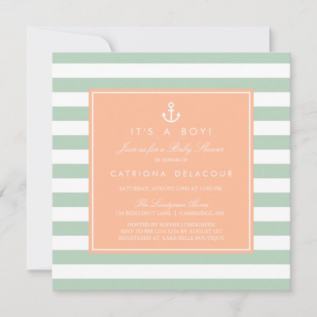 Invitación a Baby Shower náutica de Peach y Mint (Anverso)