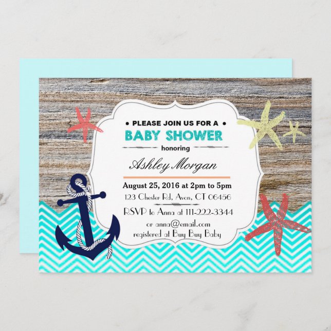 Invitación a Baby Shower Náutica de Playa (Anverso / Reverso)