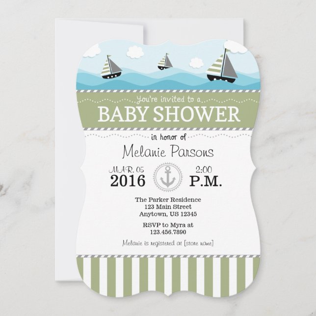 Invitación a Baby Shower Náutica de Sage Olive Blu (Anverso)