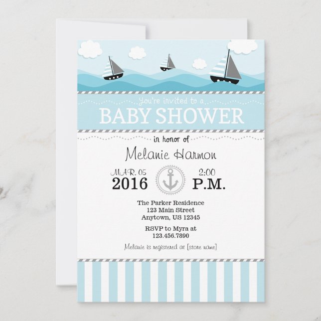 Invitación a Baby Shower Náutica en polvo azul (Anverso)