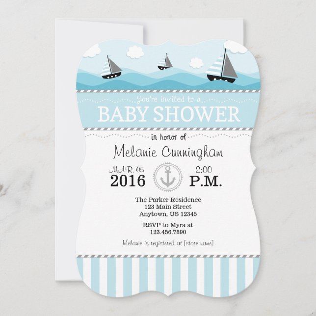 Invitación a Baby Shower Náutica en polvo azul (Anverso)