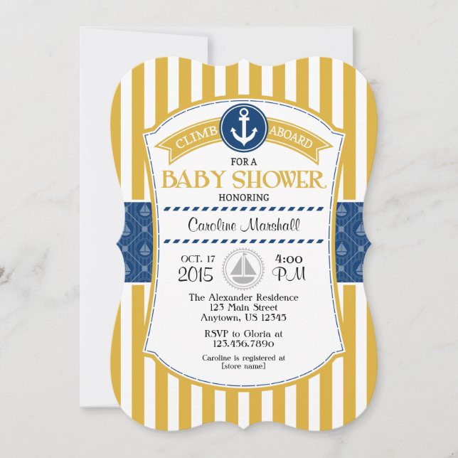 Invitación a Baby Shower Náutica Gold Blue (Anverso)