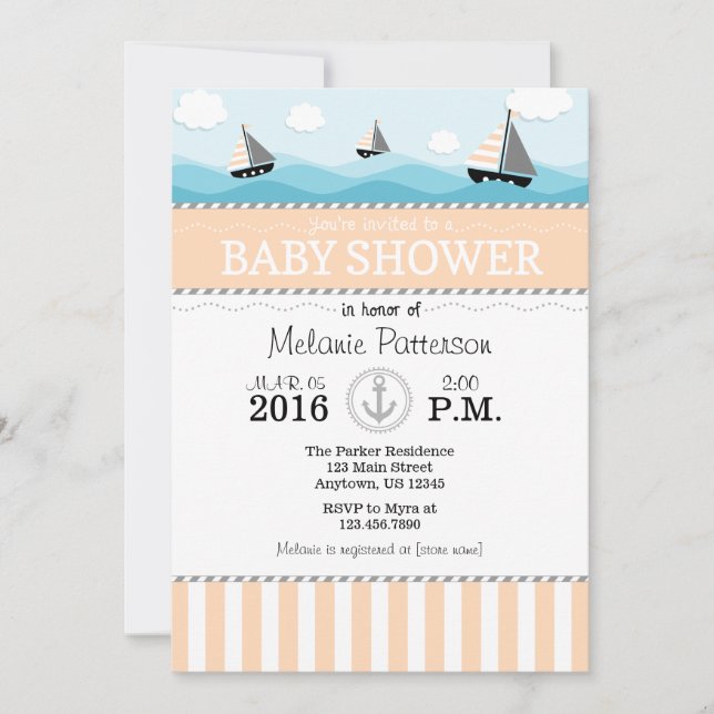 Invitación a Baby Shower Náutica Peach Blue (Anverso)