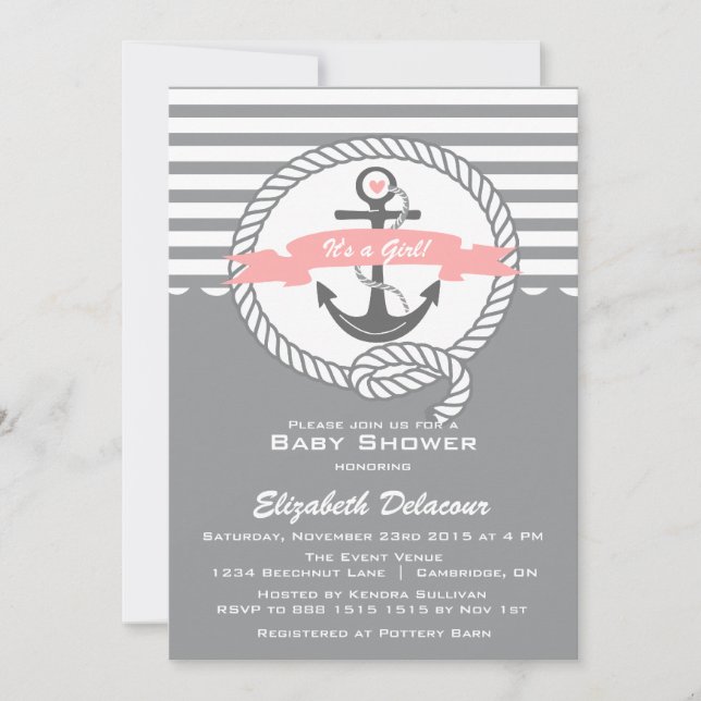 Invitación a Baby Shower náutica rosa y gris (Anverso)