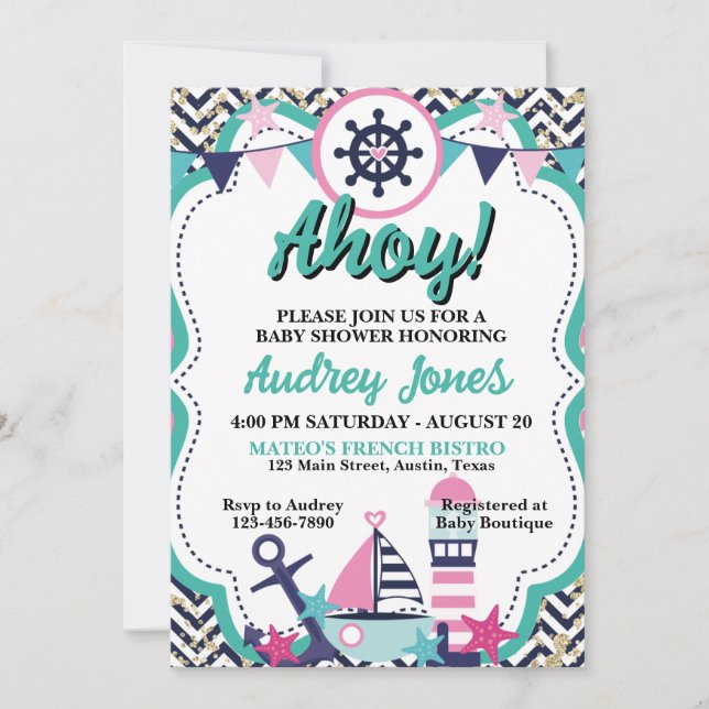 Invitación a Baby Shower Nautical Ahoy (Anverso)