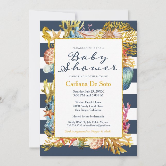 Invitación a Baby Shower Nautical Beach Ocean / Se (Anverso)