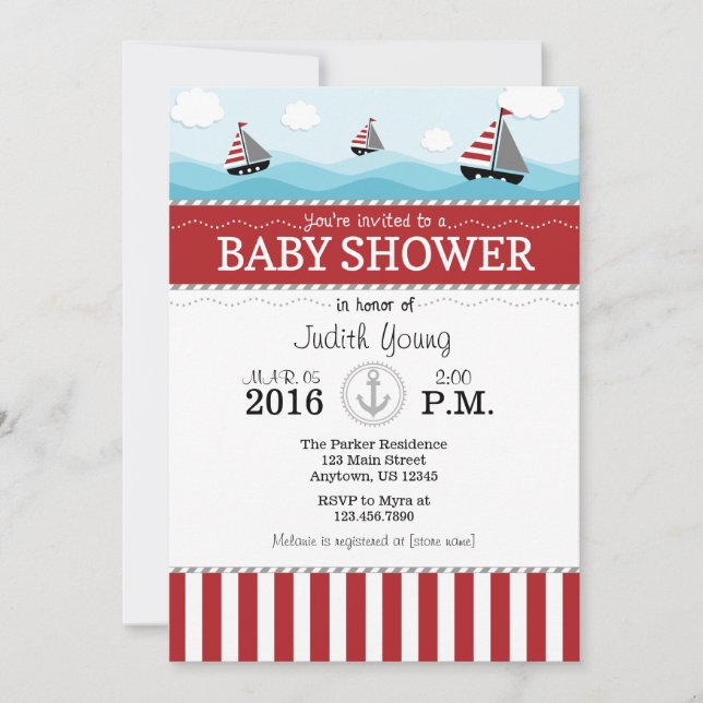Invitación a Baby Shower Nautical Blue Rojo (Anverso)