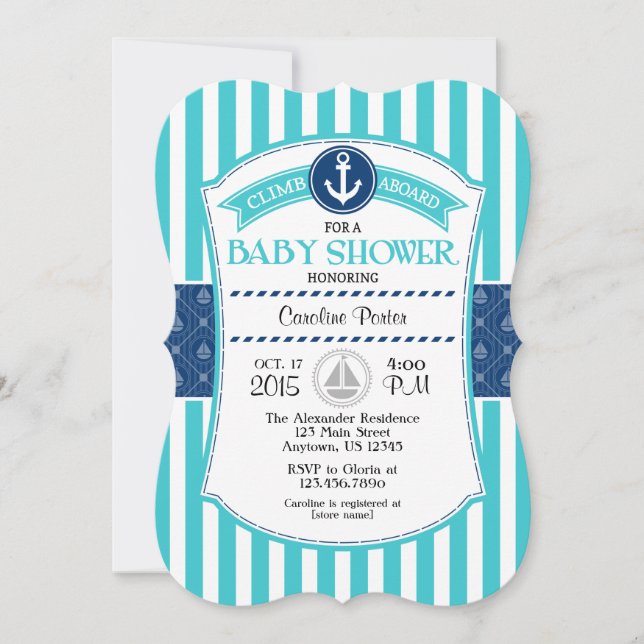 Invitación a Baby Shower Náutico Turquesa Aqua Blu (Anverso)