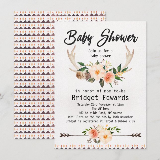 Invitación a Baby Shower neutra de Antlers Florale (Anverso / Reverso)
