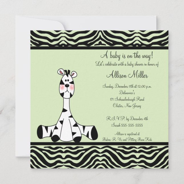 Invitación a Baby Shower neutra de cebra verde de  (Anverso)
